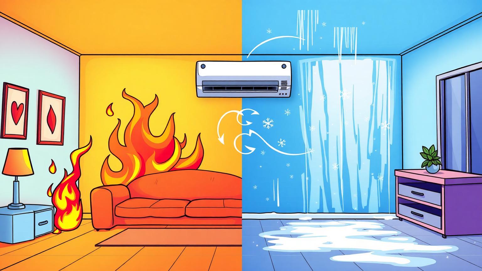 Cartoon split view of a burning hot living room cooled by a wall-mounted air conditioning unit